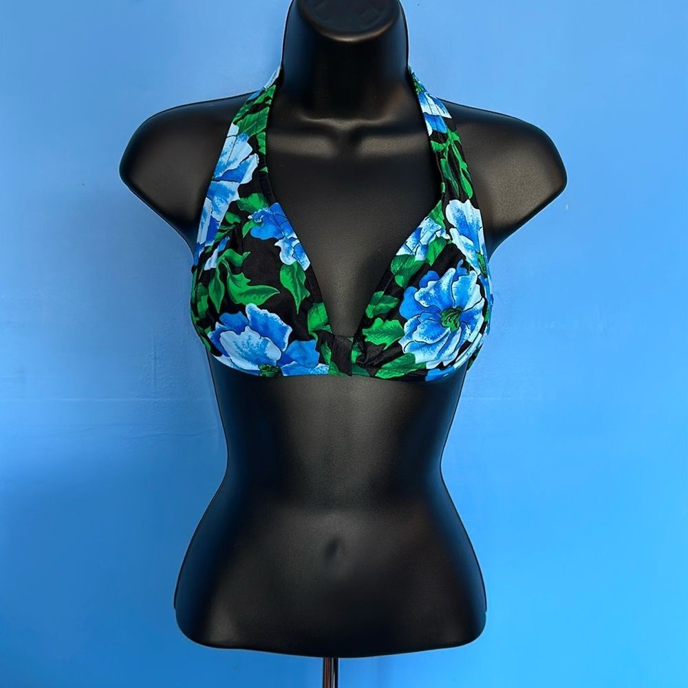 Sirena Bikini Top Blue Black Floral Print Swimwear Padded Size 10